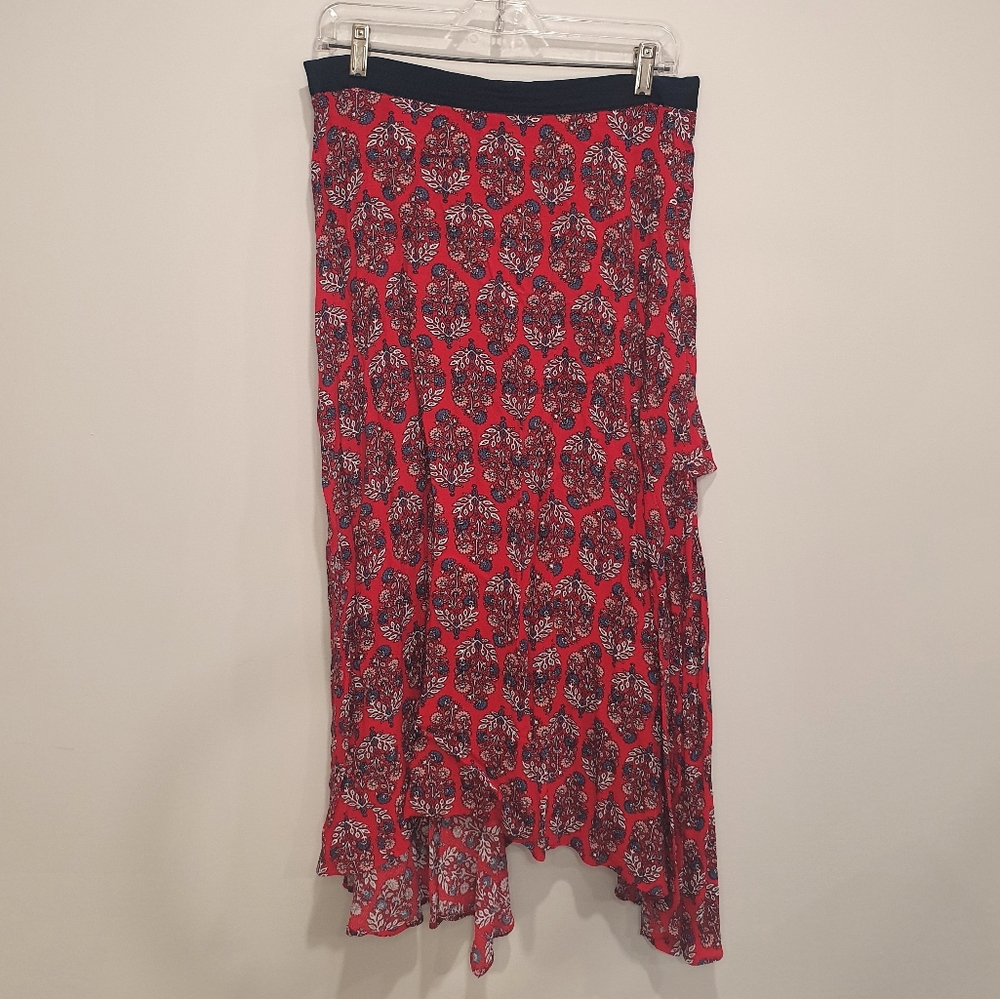 Marks and Spencer high low ruffle floral maxi midi skirt, red, size 8 long